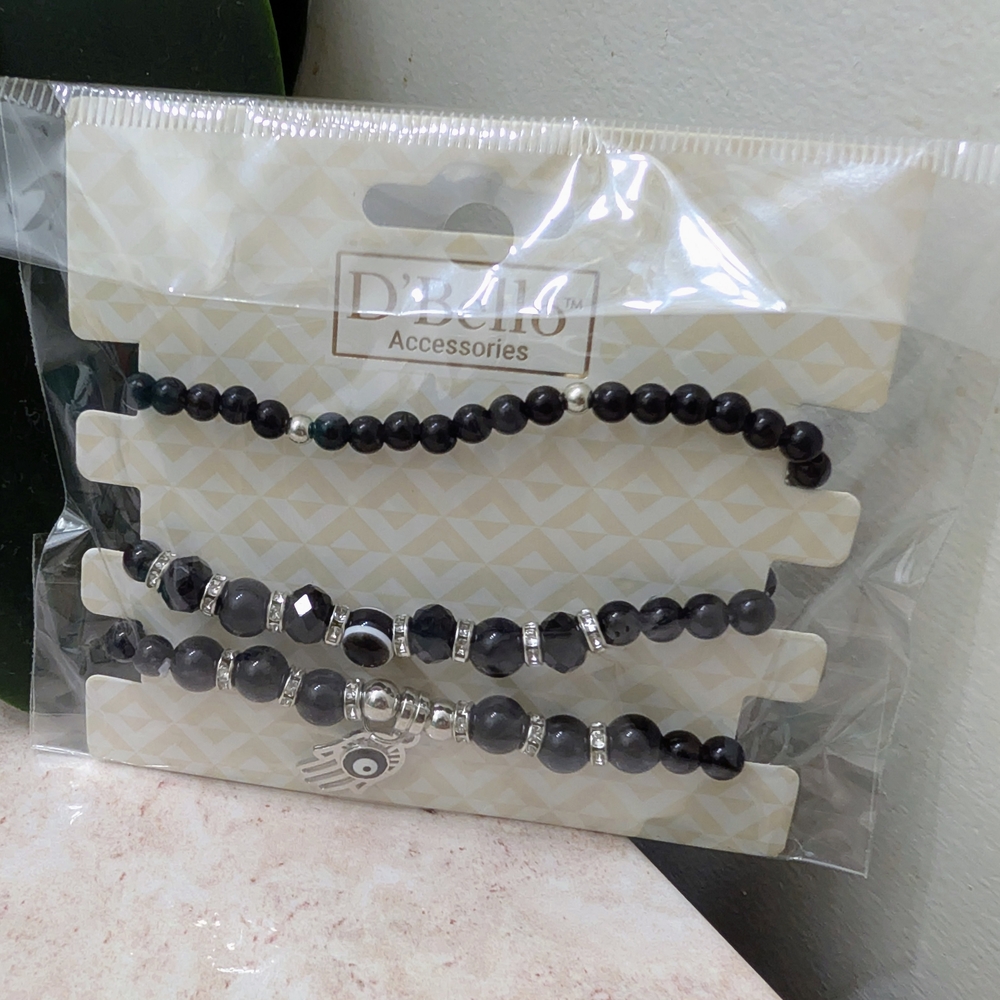 Black Beaded Bracelet Set for Women - 3 Pack